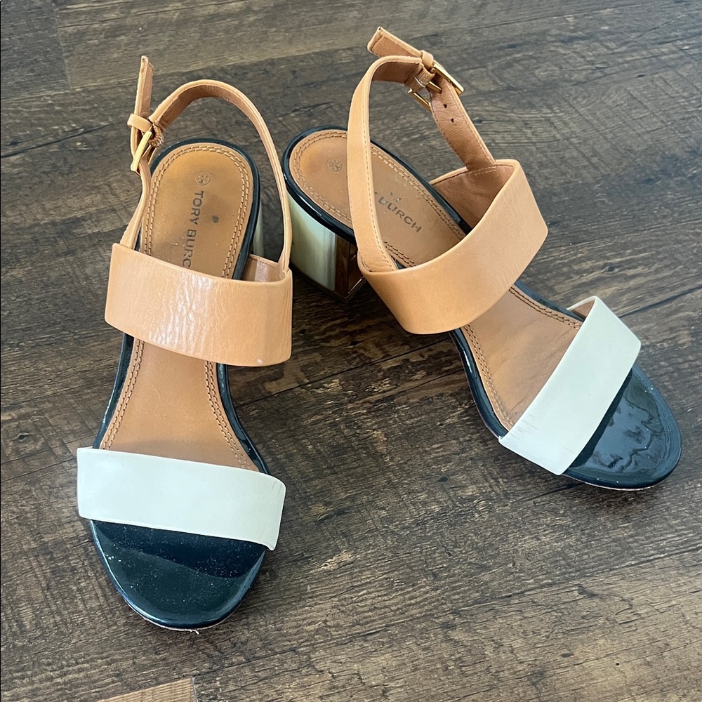 Tory Burch Two-Tone Block Heel Sandals in Tan, White and Black